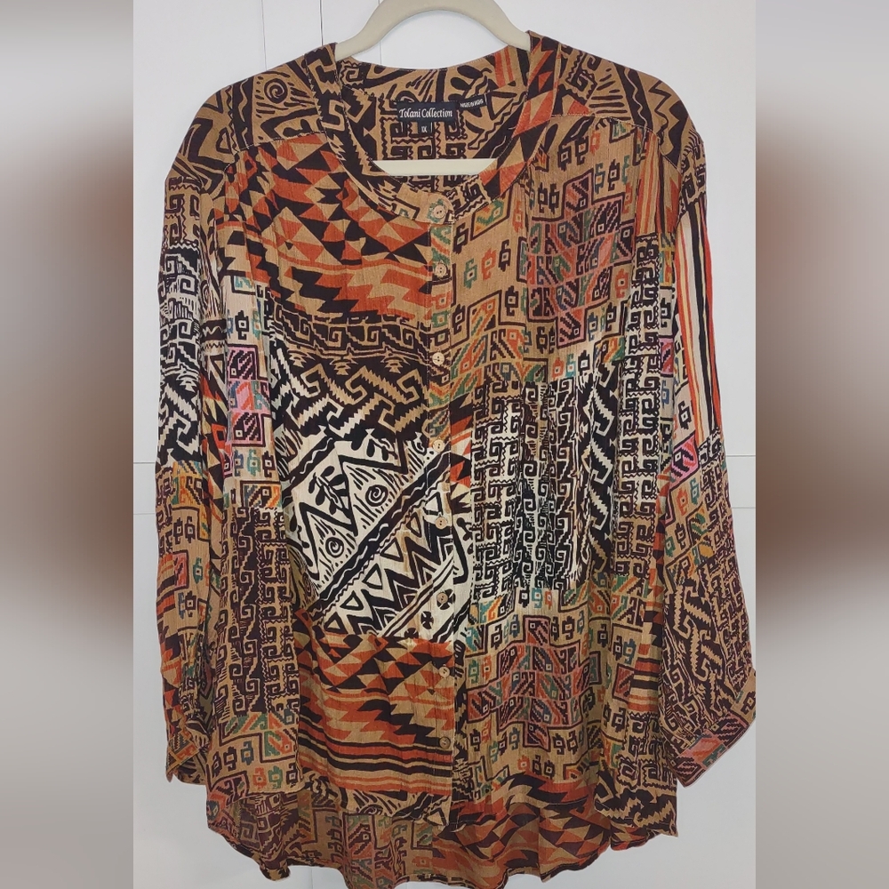 Tolani Collection Oversized Ethnic Print Long Sleeve Tunic Top Plus Size…